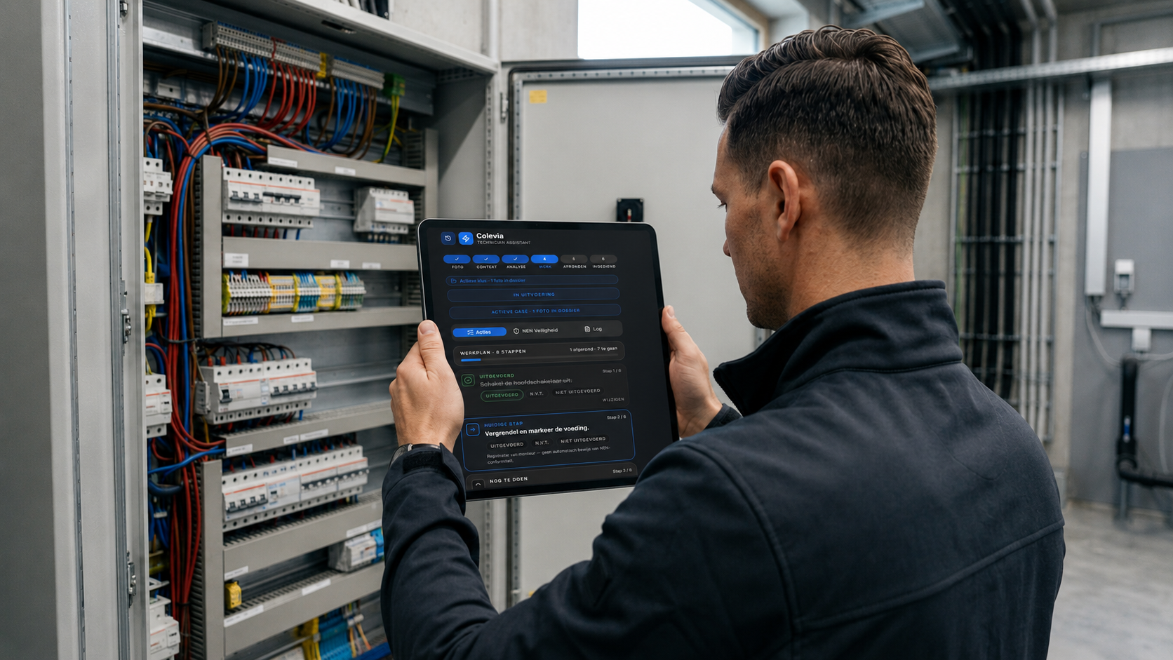 Monteur volgt het Colevia-werkplan op een tablet bij de installatie