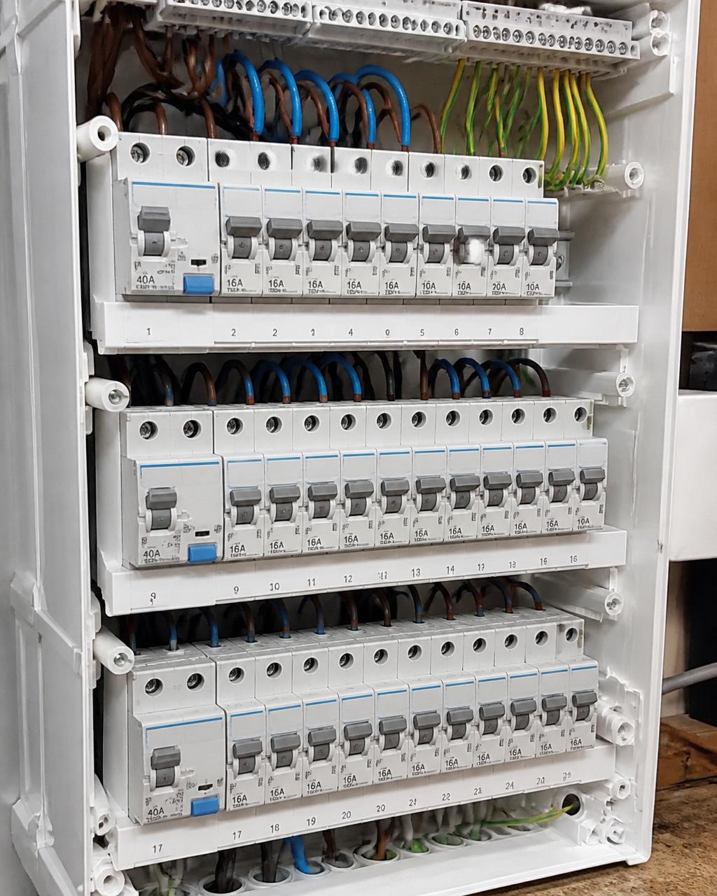 Foto van een verdeelkast met genummerde installatieautomaten